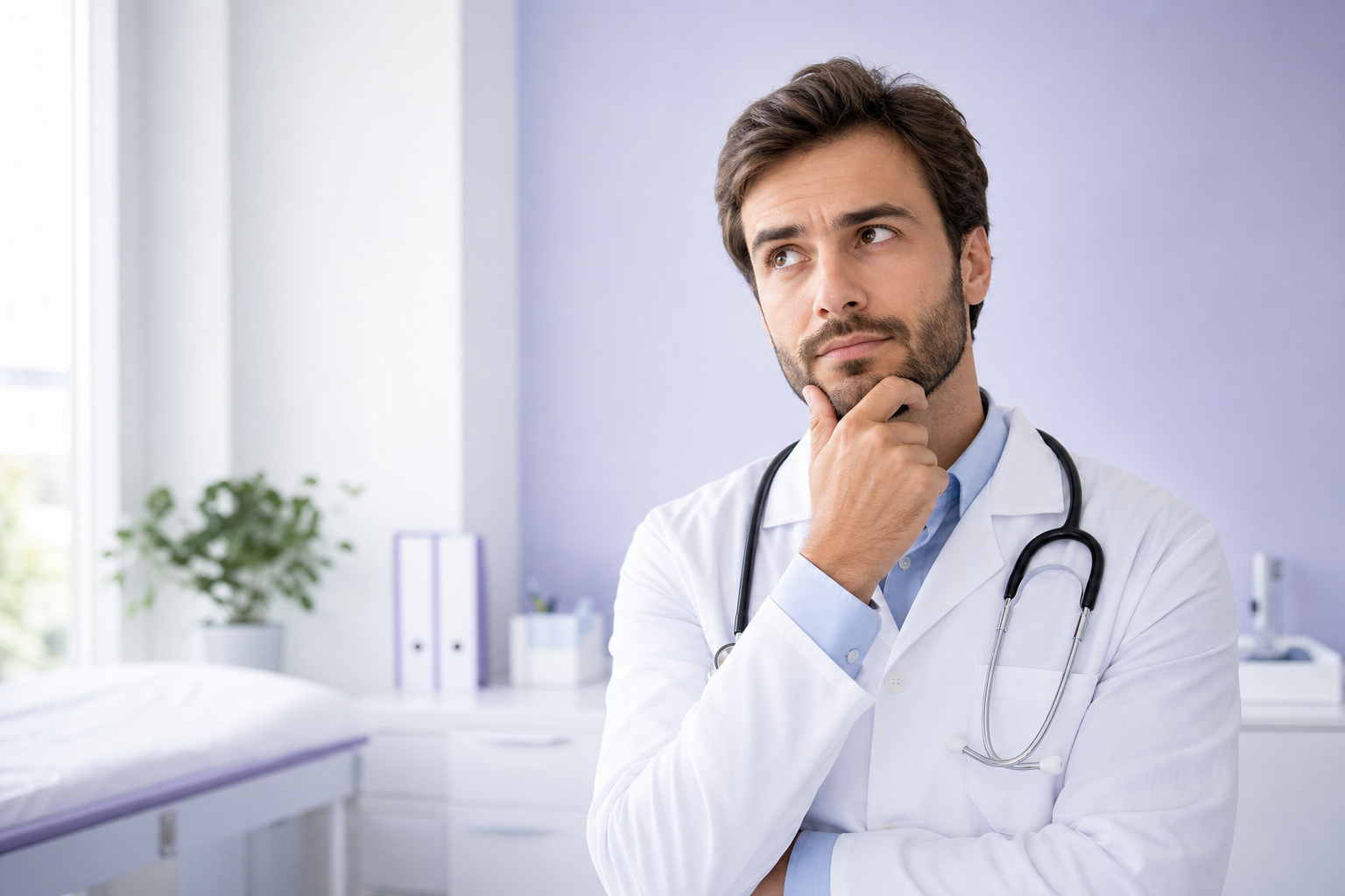 Médico con expresión pensativa, representando las dudas frecuentes sobre Simplimed