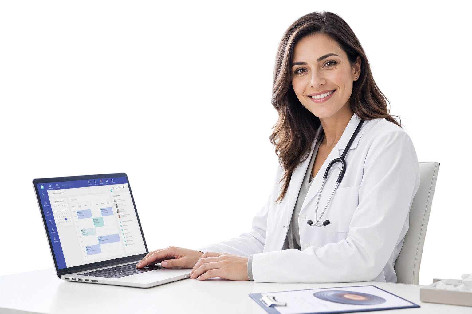 Médico utilizando Simplimed en laptop dentro de su consultorio oftalmológico